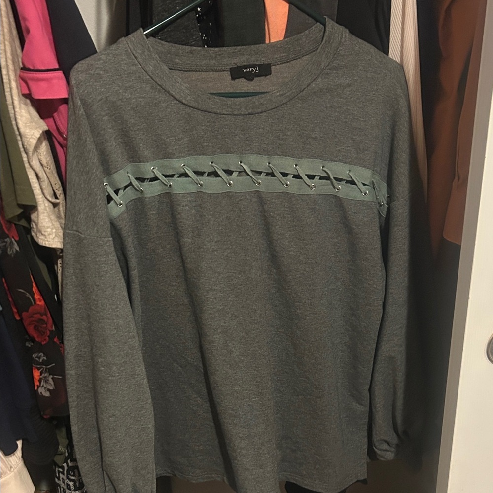 Very J Gray Crew Neck Sweater with Green Accents